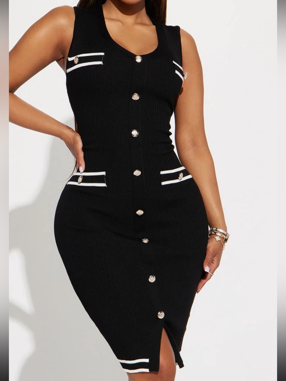 Fashion Nova Black Sleeveless Midi Knit Dress with White Trim & Buttons - Picture 3 of 4